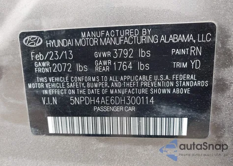 2013 Hyundai Elantra Limited z USA, uszkodzony, nr VIN 5NPDH4AE6DH300114